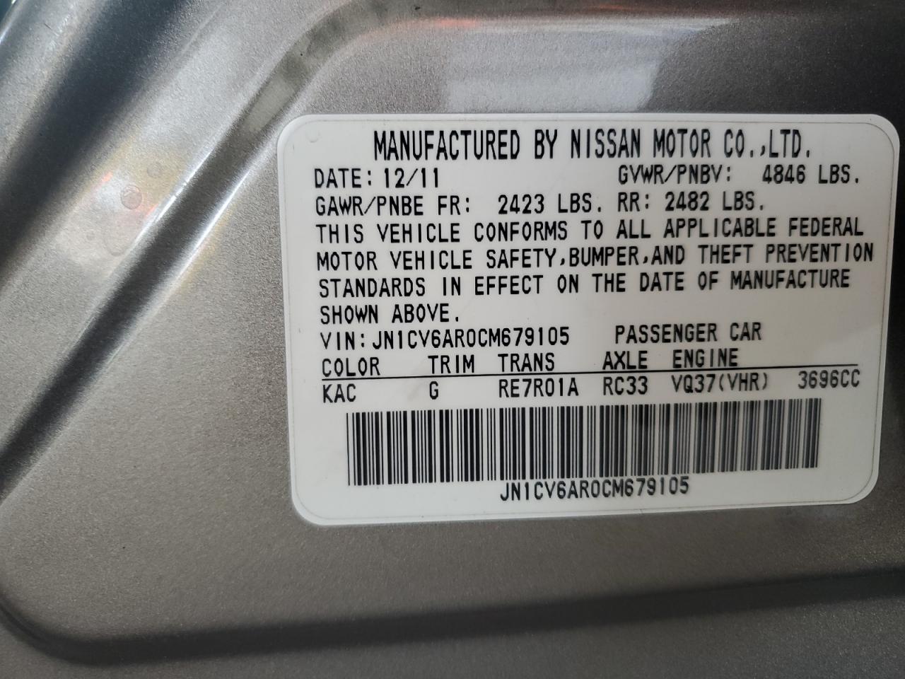 2012 Infiniti G37 VIN: JN1CV6AR0CM679105 Lot: 80159055