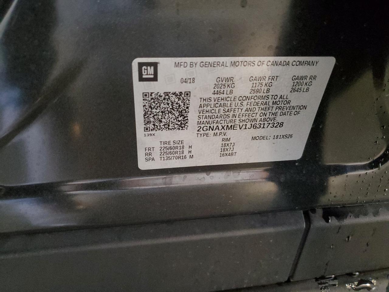 2018 Chevrolet Equinox Premier VIN: 2GNAXMEV1J6317328 Lot: 70850415