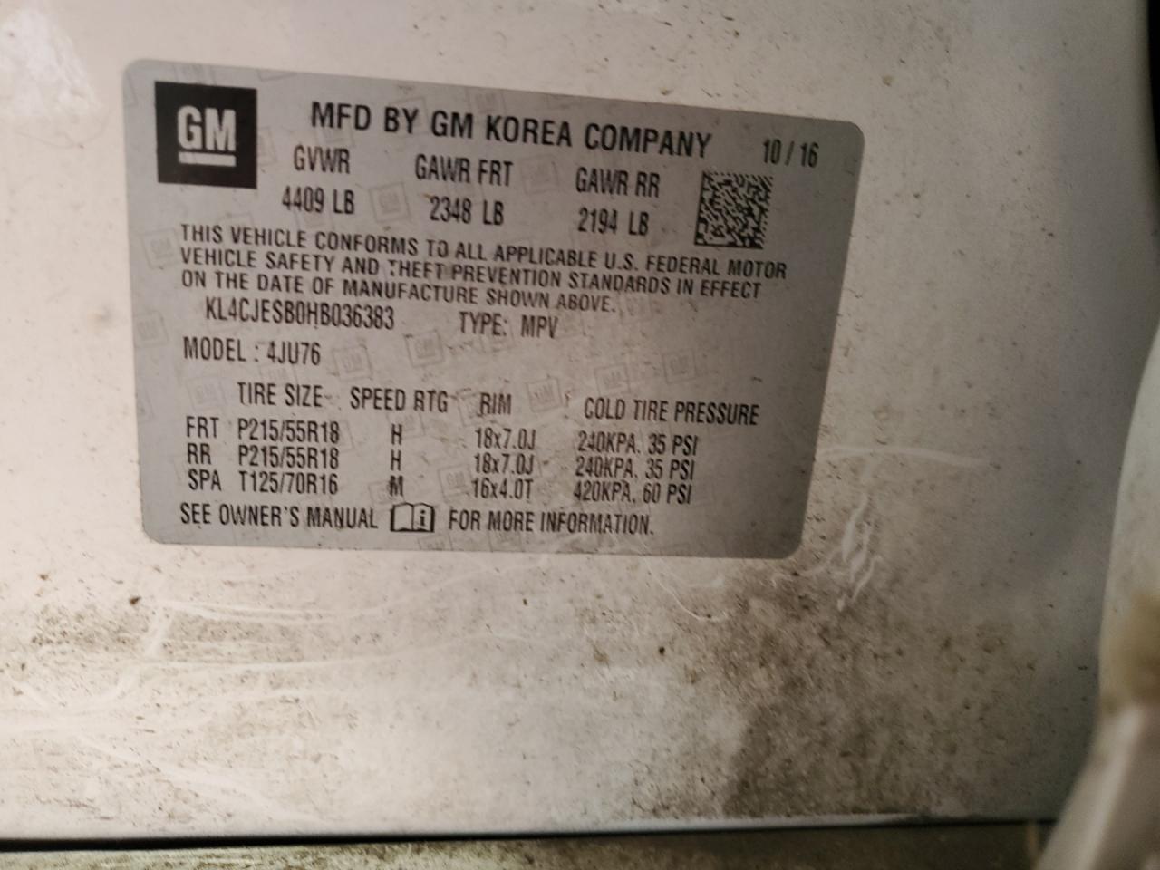 2017 Buick Encore Preferred VIN: KL4CJESB0HB036383 Lot: 81013435