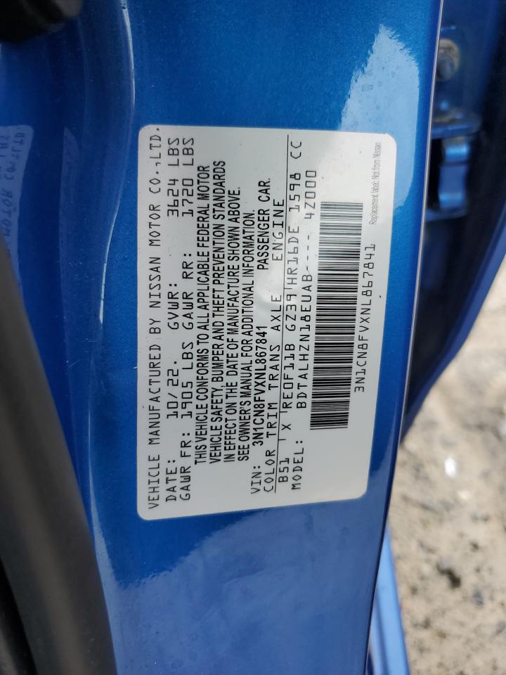 2022 Nissan Versa Sr VIN: 3N1CN8FVXNL867841 Lot: 84375945