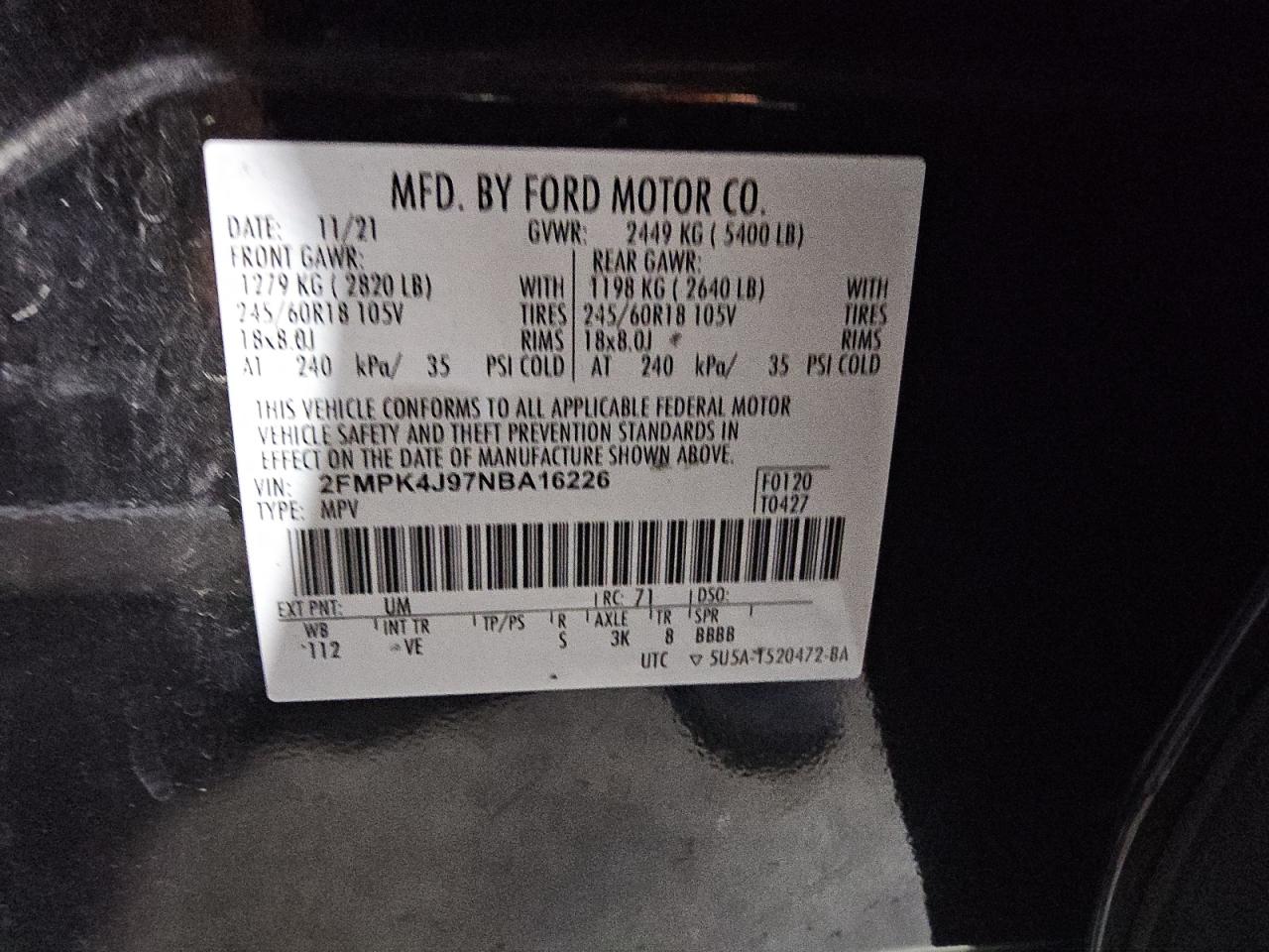 2022 Ford Edge Sel VIN: 2FMPK4J97NBA16226 Lot: 85060845