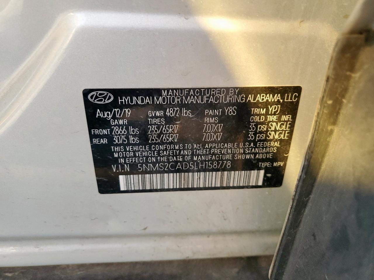 2020 Hyundai Santa Fe Se VIN: 5NMS2CAD5LH158778 Lot: 80143875