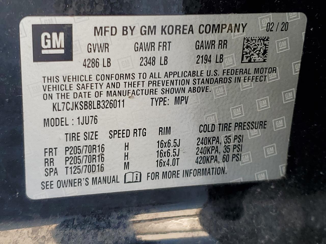 2020 Chevrolet Trax Ls VIN: KL7CJKSB8LB326011 Lot: 84396535