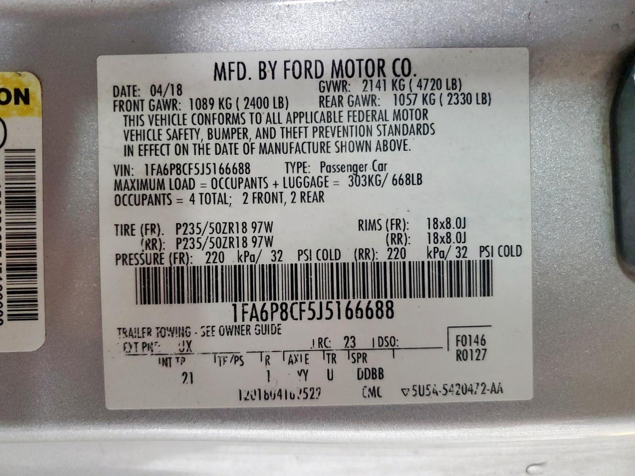 2018 Ford Mustang Gt VIN: 1FA6P8CF5J5166688 Lot: 71812735