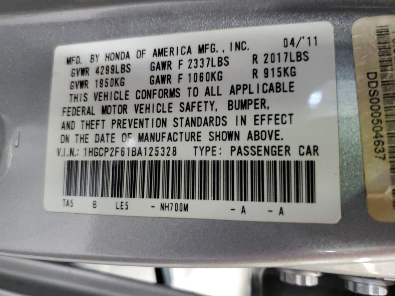 2011 Honda Accord Se VIN: 1HGCP2F61BA125328 Lot: 71997605