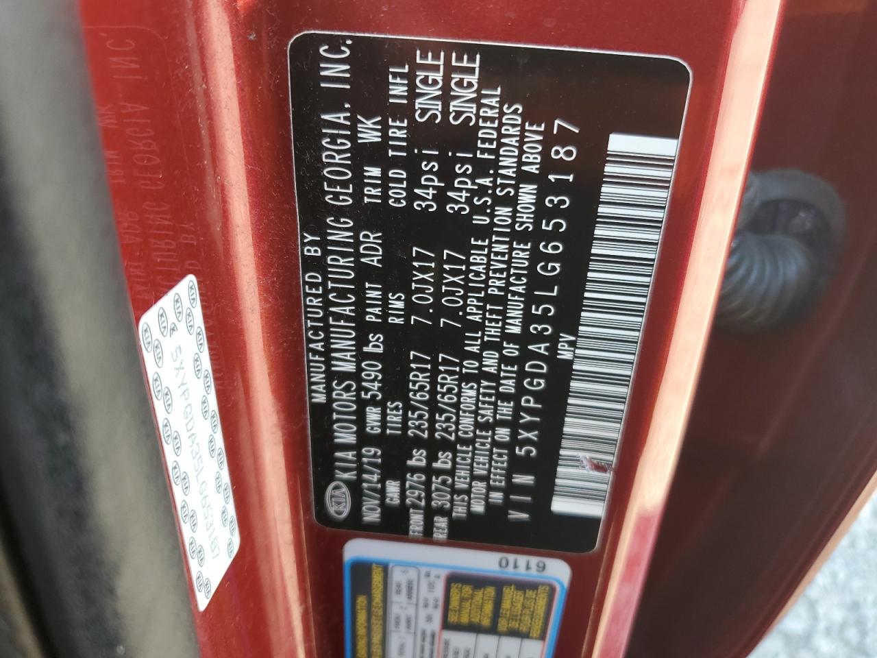 2020 Kia Sorento L VIN: 5XYPGDA35LG653187 Lot: 80544365