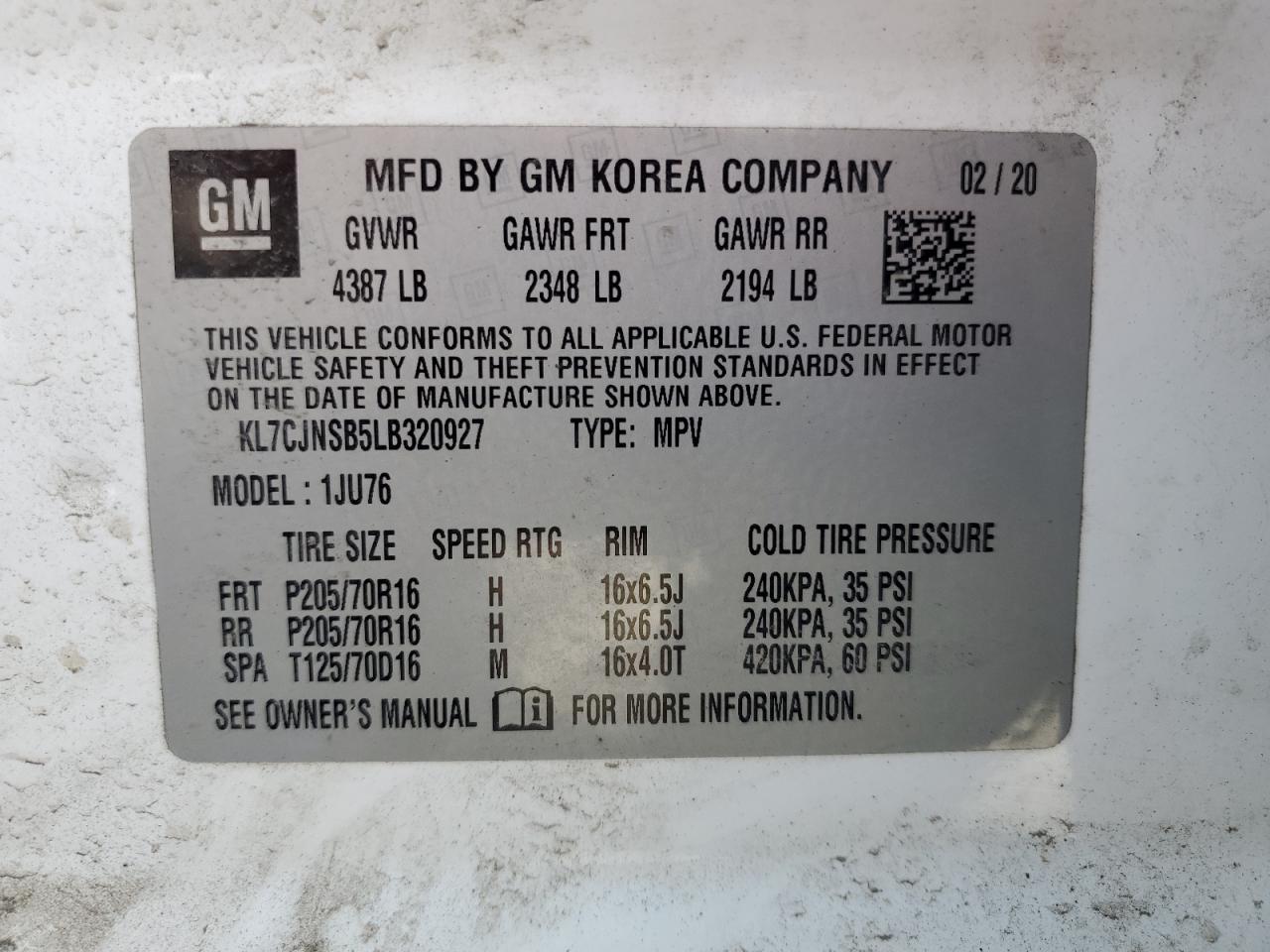 2020 Chevrolet Trax Ls VIN: KL7CJNSB5LB320927 Lot: 80780325