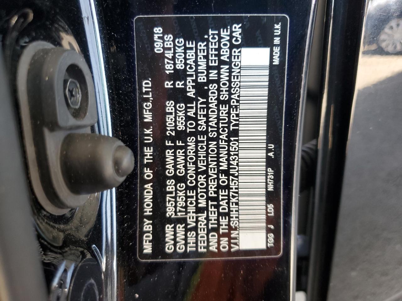 2018 Honda Civic Ex VIN: SHHFK7H57JU431501 Lot: 80827005