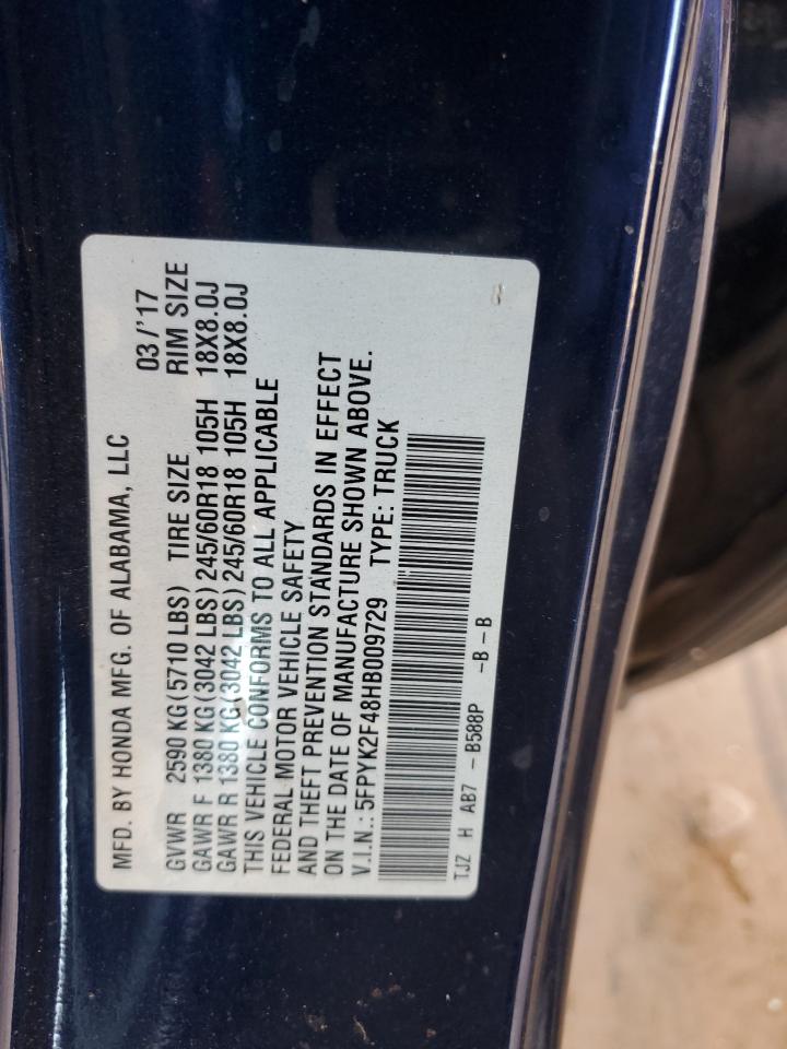 2017 Honda Ridgeline Rts VIN: 5FPYK2F48HB009729 Lot: 81664435