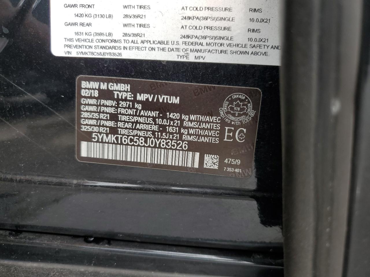 2018 BMW X5 M VIN: 5YMKT6C58J0Y83526 Lot: 83970235