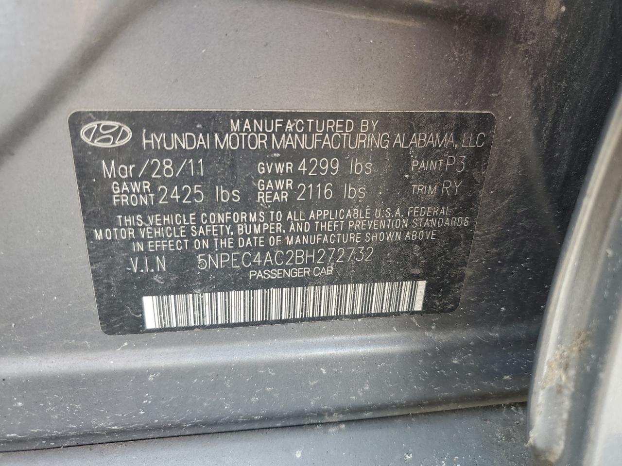 2011 Hyundai Sonata Se VIN: 5NPEC4AC2BH272732 Lot: 81110195