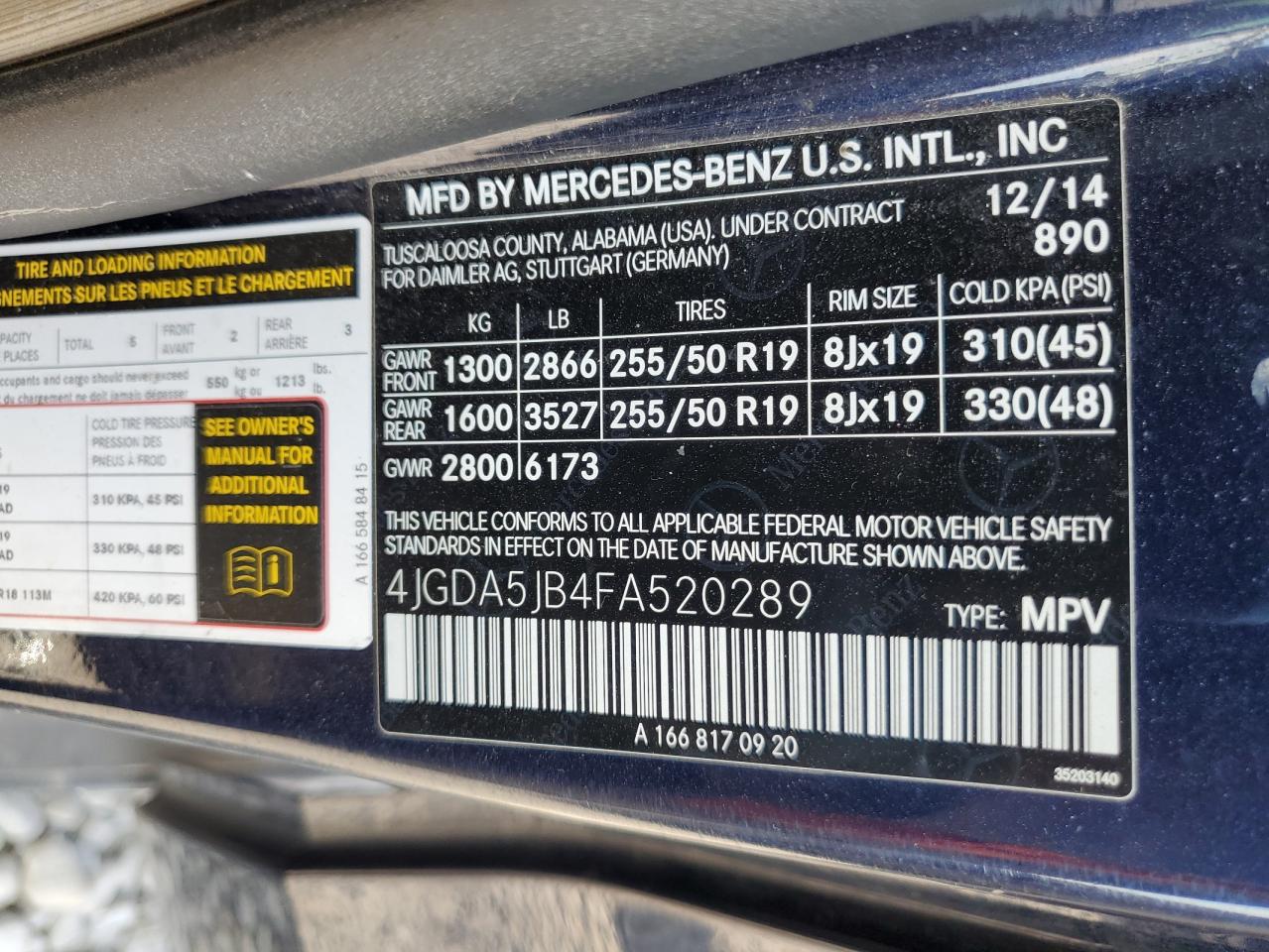 2015 Mercedes-Benz Ml 350 VIN: 4JGDA5JB4FA520289 Lot: 71371595