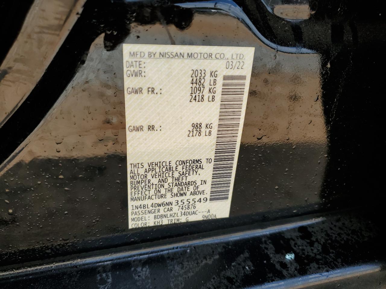 2022 Nissan Altima Sv VIN: 1N4BL4DW6NN355549 Lot: 71831455