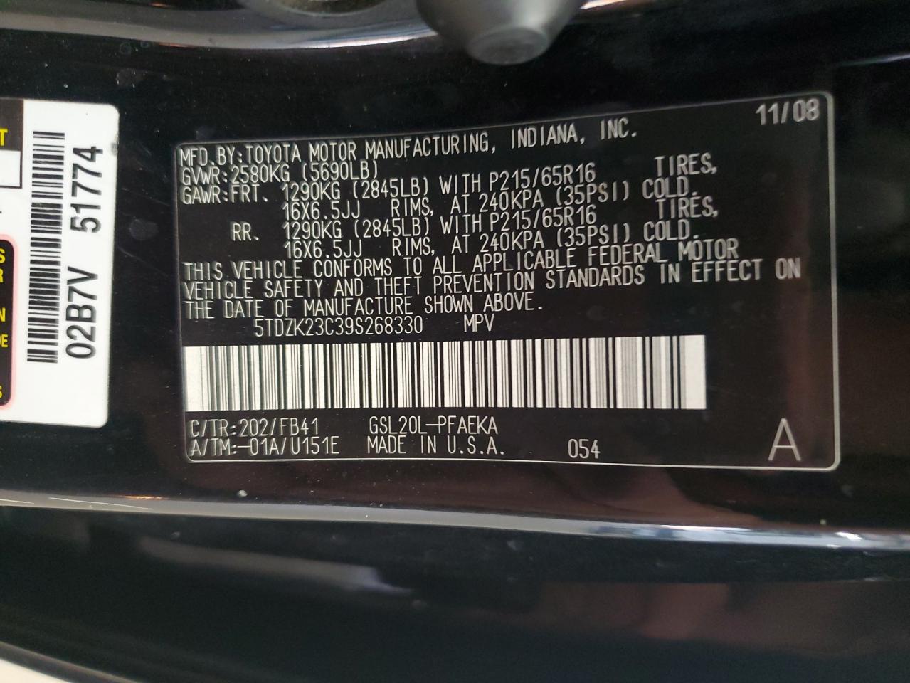 2009 Toyota Sienna Ce VIN: 5TDZK23C39S268330 Lot: 80789785