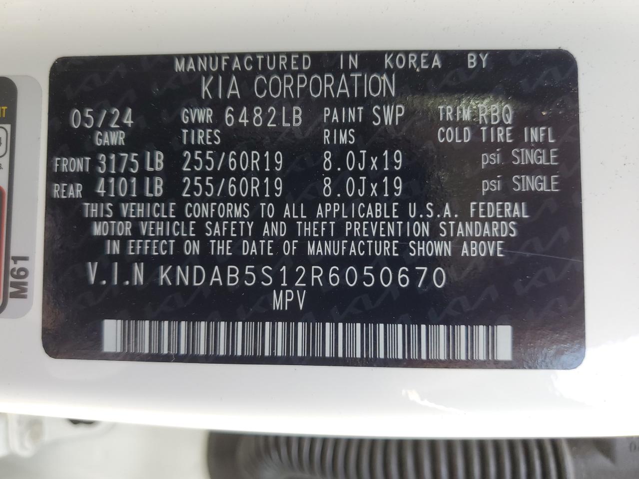 2024 Kia Ev9 Light VIN: KNDAB5S12R6050670 Lot: 70552025