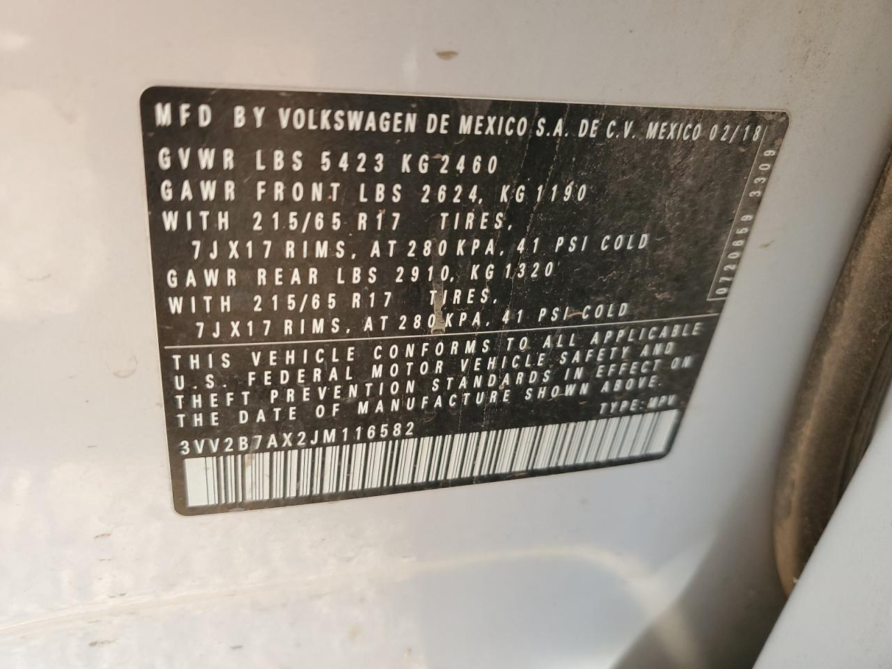 2018 Volkswagen Tiguan Se VIN: 3VV2B7AX2JM116582 Lot: 80543645