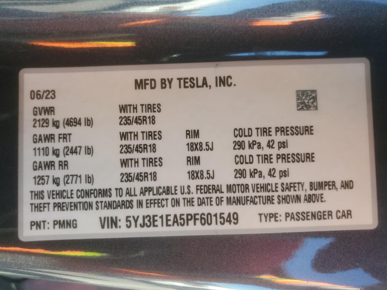 2023 Tesla Model 3 VIN: 5YJ3E1EA5PF601549 Lot: 71649325