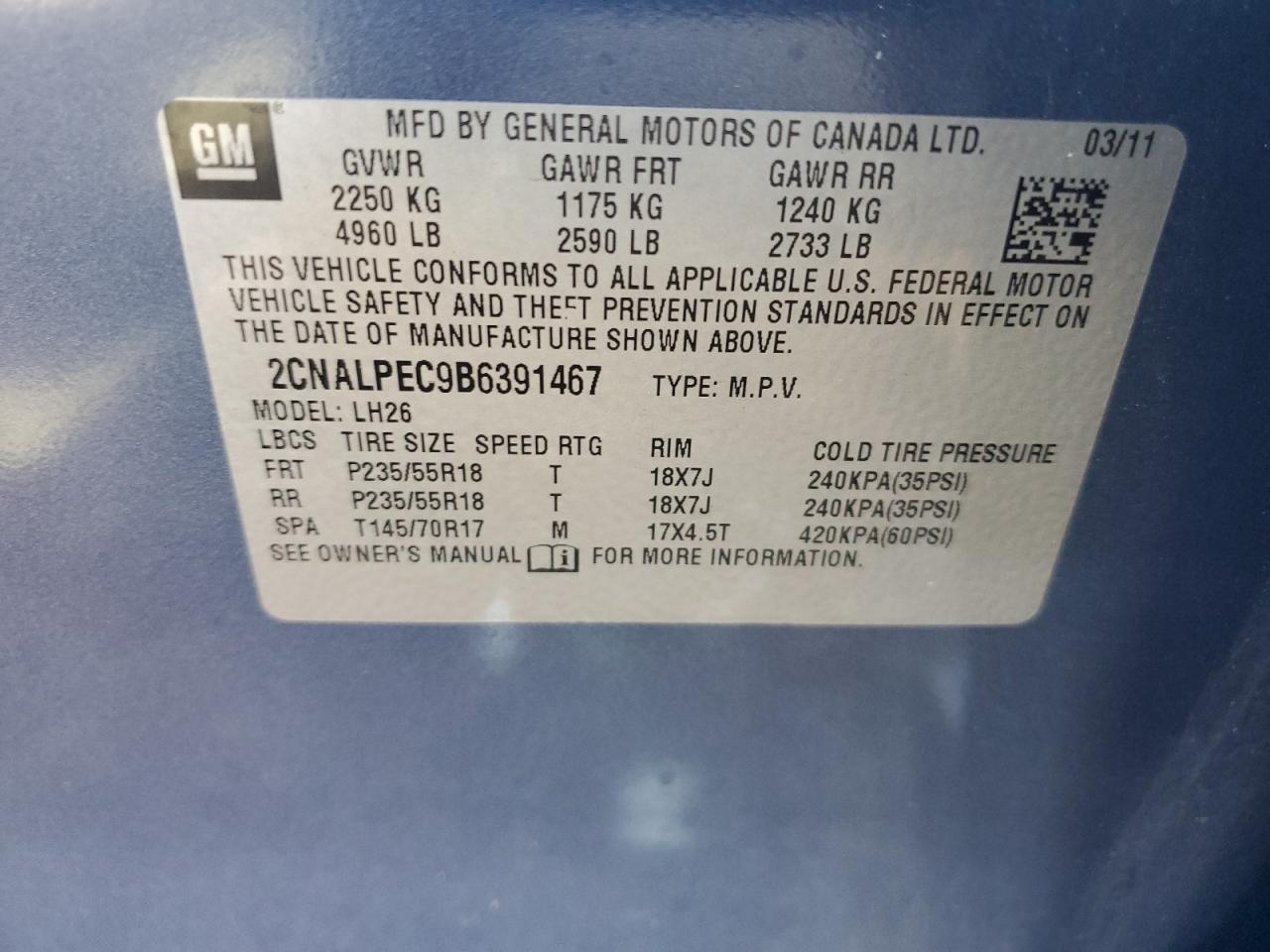 2011 Chevrolet Equinox Lt VIN: 2CNALPEC9B6391467 Lot: 84417255