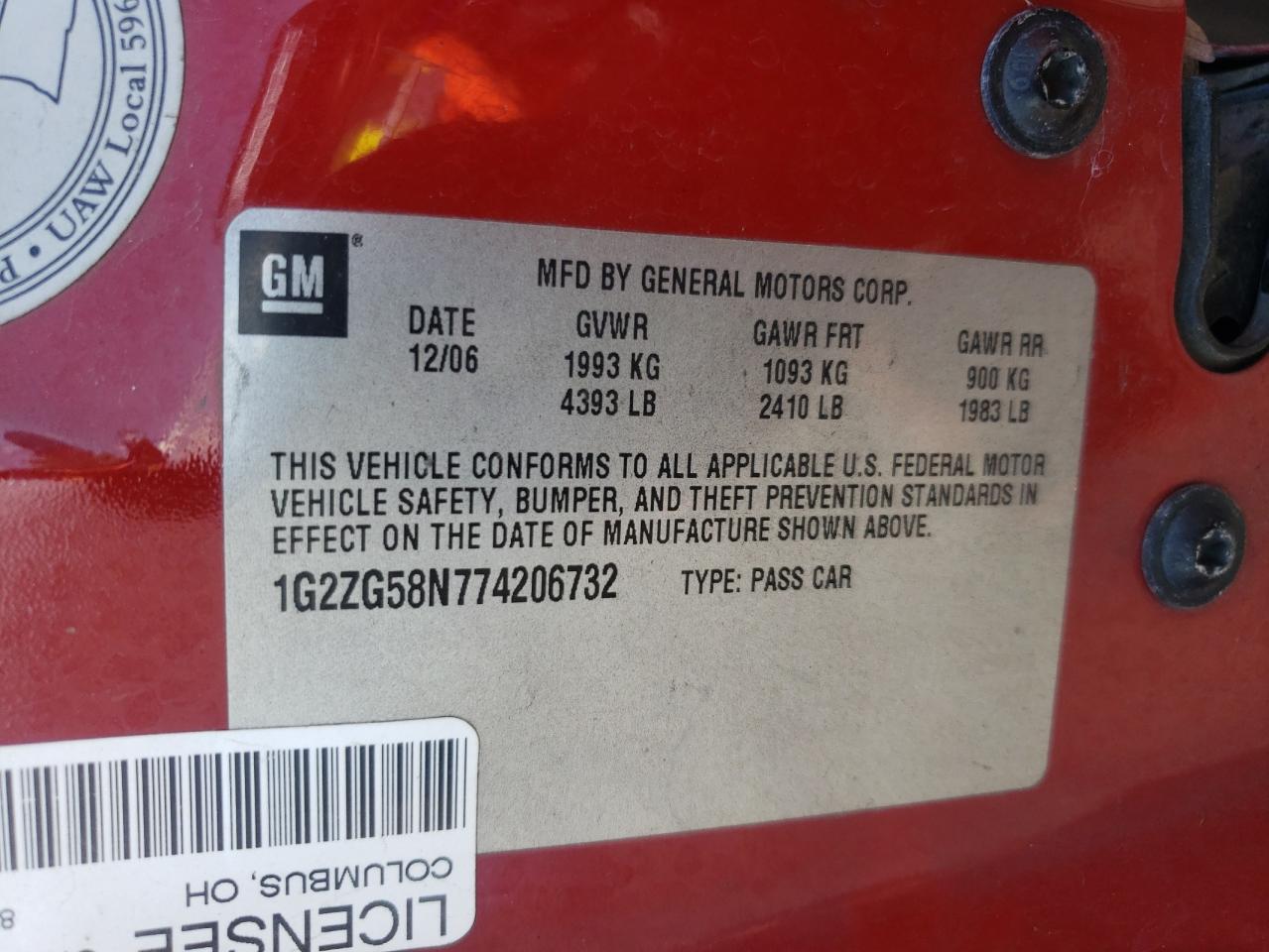 2007 Pontiac G6 Base VIN: 1G2ZG58N774206732 Lot: 71298875