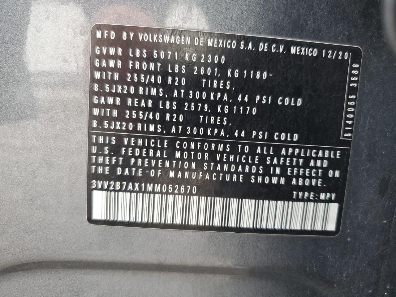 2021 Volkswagen Tiguan Se VIN: 3VV2B7AX1MM052670 Lot: 83788055