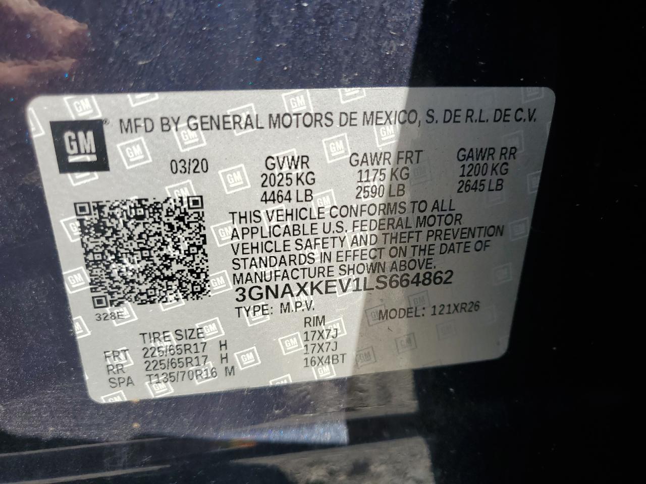 2020 Chevrolet Equinox Lt VIN: 3GNAXKEV1LS664862 Lot: 83835755