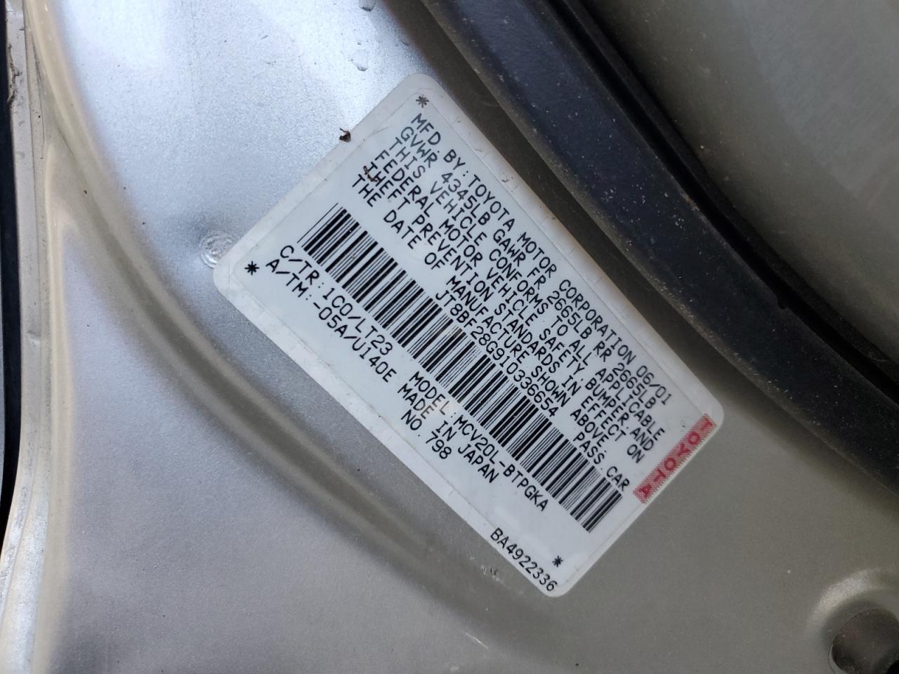 2001 Lexus Es300 VIN: JT8BF28G910336654 Lot: 72090415