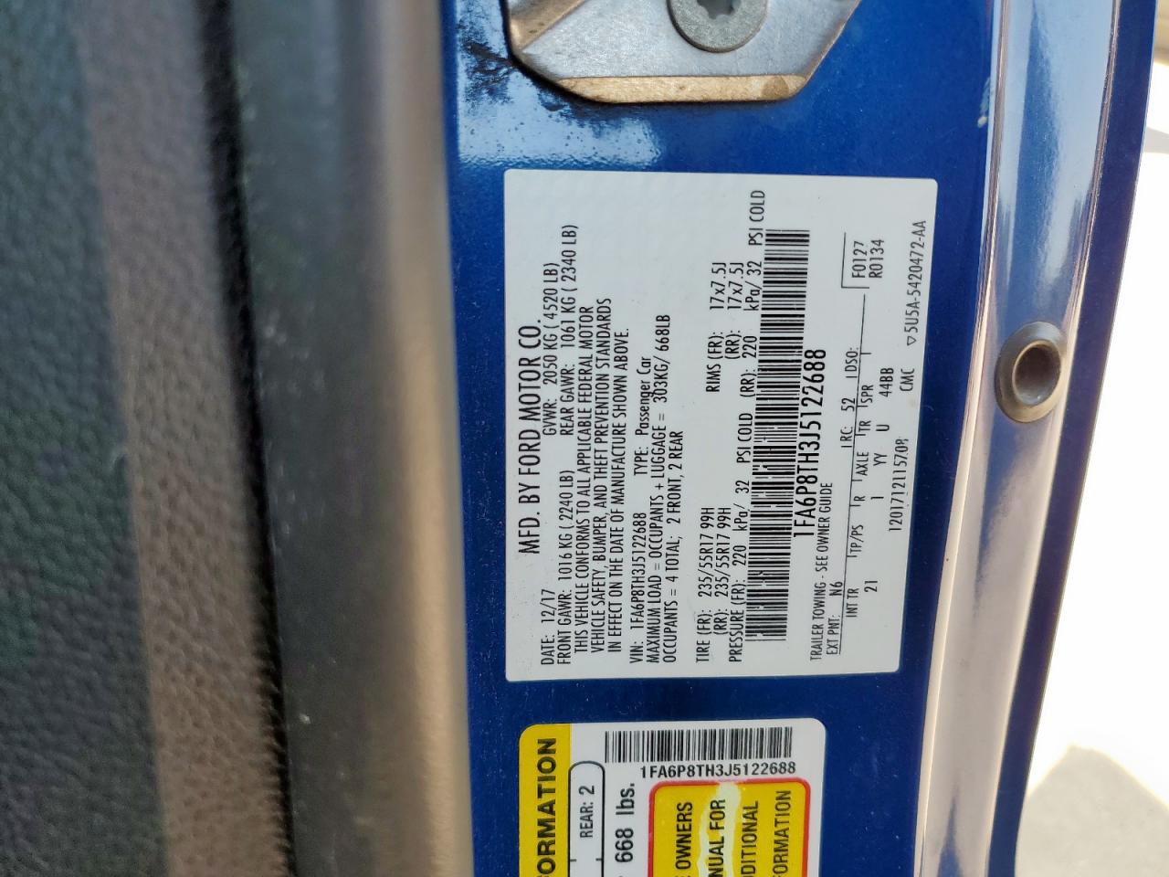 2018 Ford Mustang VIN: 1FA6P8TH3J5122688 Lot: 71720705