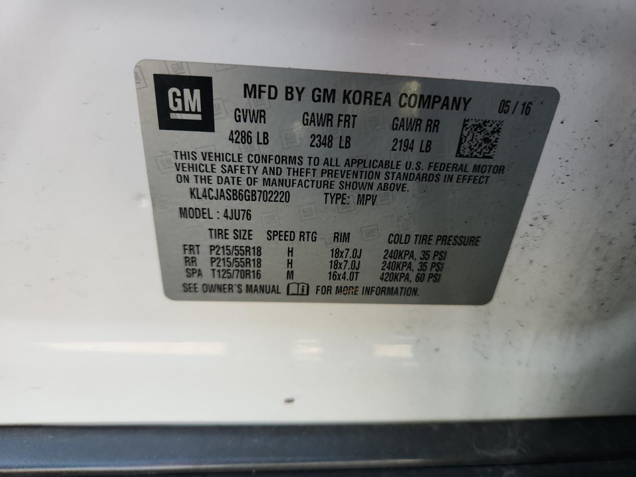 2016 Buick Encore VIN: KL4CJASB6GB702220 Lot: 81054045