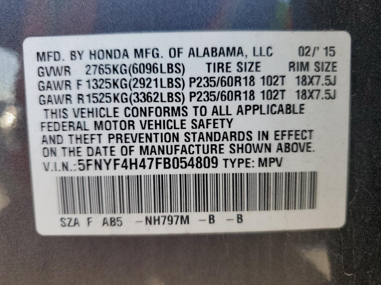 2015 Honda Pilot Ex VIN: 5FNYF4H47FB054809 Lot: 71882685