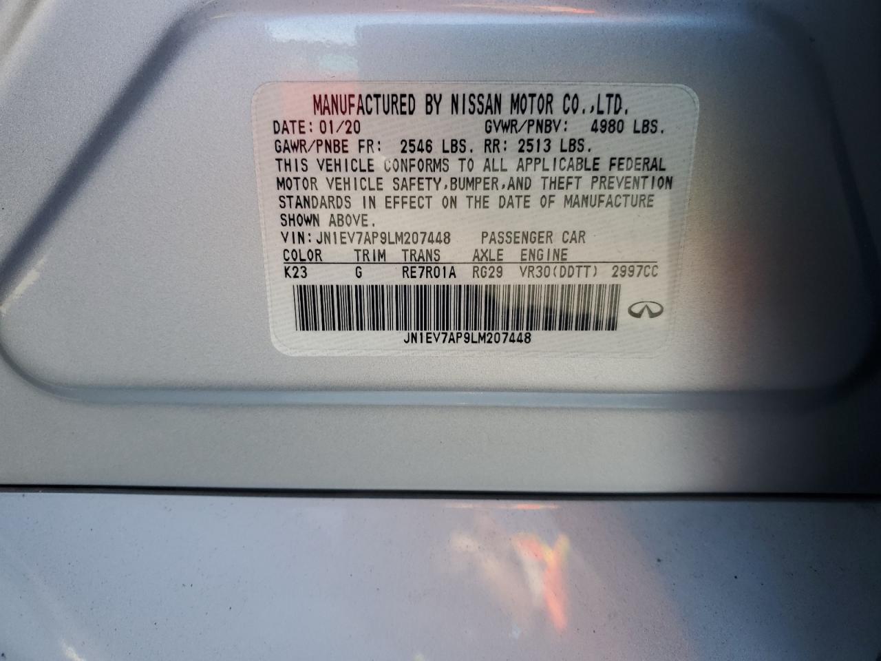 2020 Infiniti Q50 Pure VIN: JN1EV7AP9LM207448 Lot: 71560255