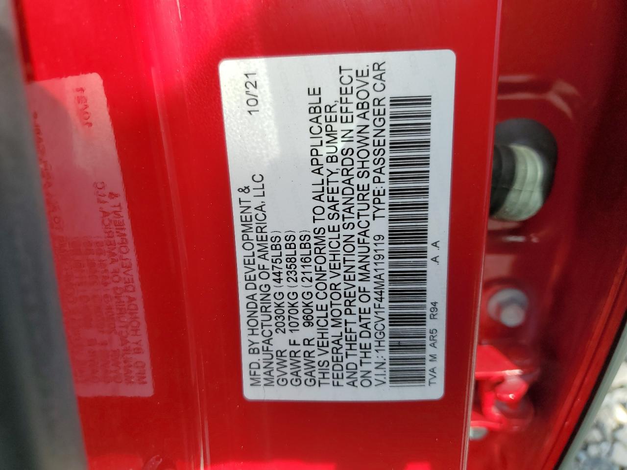 2021 Honda Accord Sport Se VIN: 1HGCV1F44MA119119 Lot: 71468225