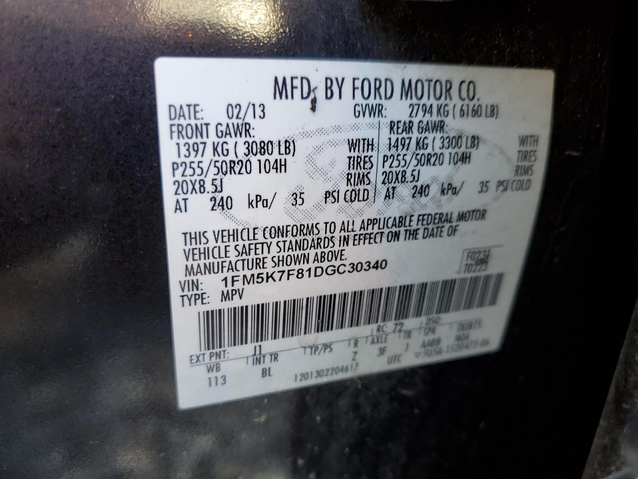 2013 Ford Explorer Limited VIN: 1FM5K7F81DGC30340 Lot: 84214025