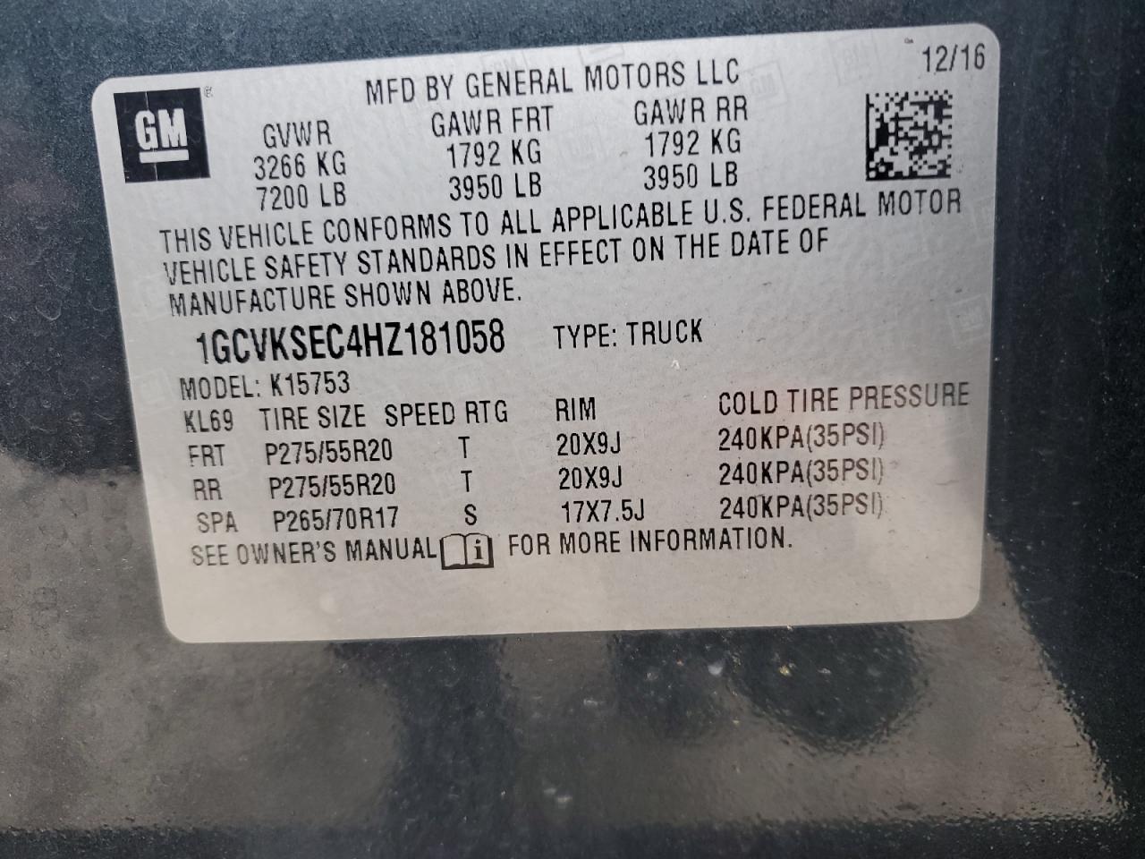 2017 Chevrolet Silverado K1500 Ltz VIN: 1GCVKSEC4HZ181058 Lot: 80329495