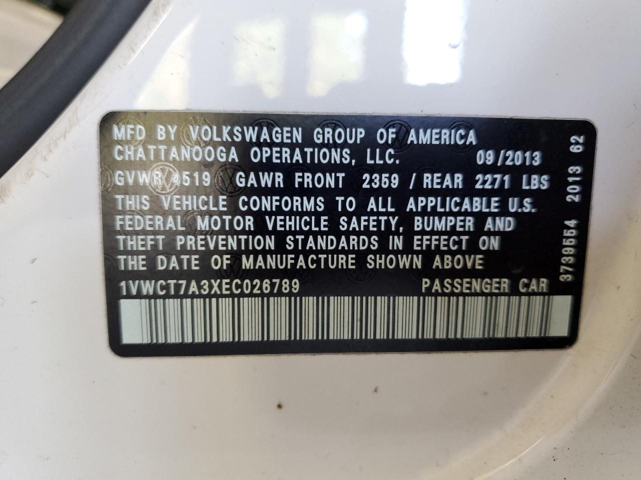 2014 Volkswagen Passat Sel VIN: 1VWCT7A3XEC026789 Lot: 84068115
