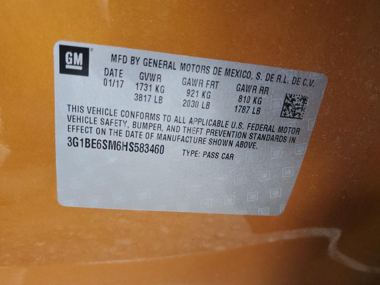 2017 Chevrolet Cruze Lt VIN: 3G1BE6SM6HS583460 Lot: 83762095