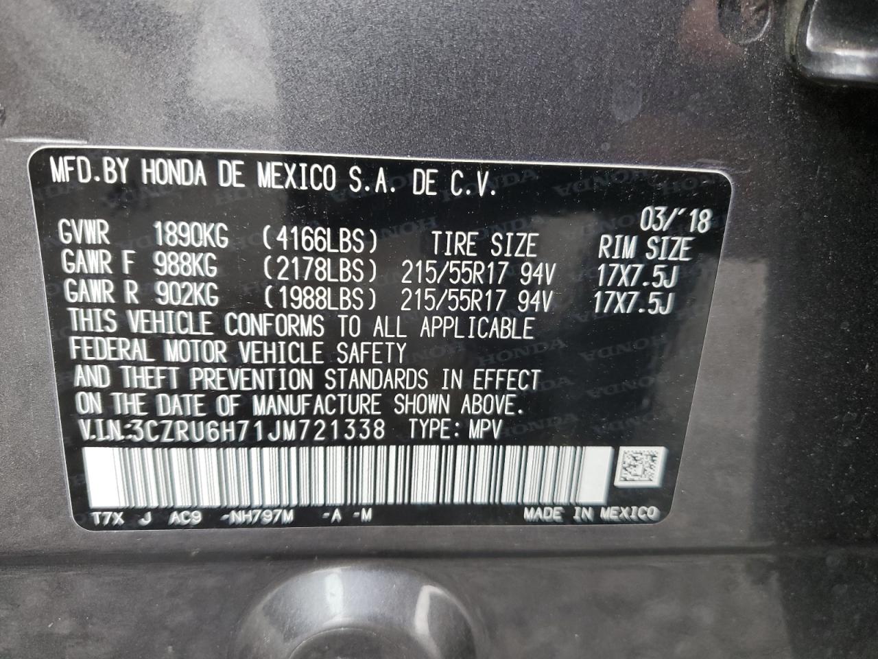 2018 Honda Hr-V Exl VIN: 3CZRU6H71JM721338 Lot: 81429905