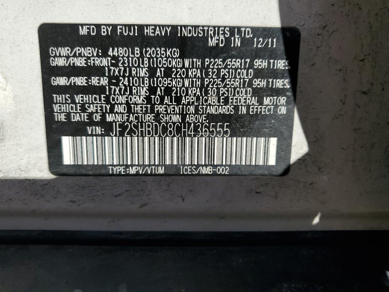 2012 Subaru Forester 2.5X Premium VIN: JF2SHBDC8CH436555 Lot: 83978195