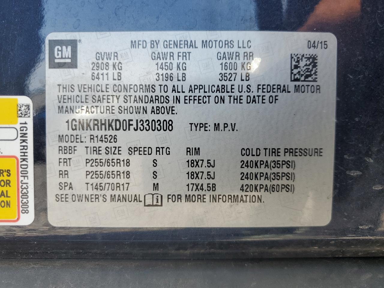 2015 Chevrolet Traverse Lt VIN: 1GNKRHKD0FJ330308 Lot: 80992075