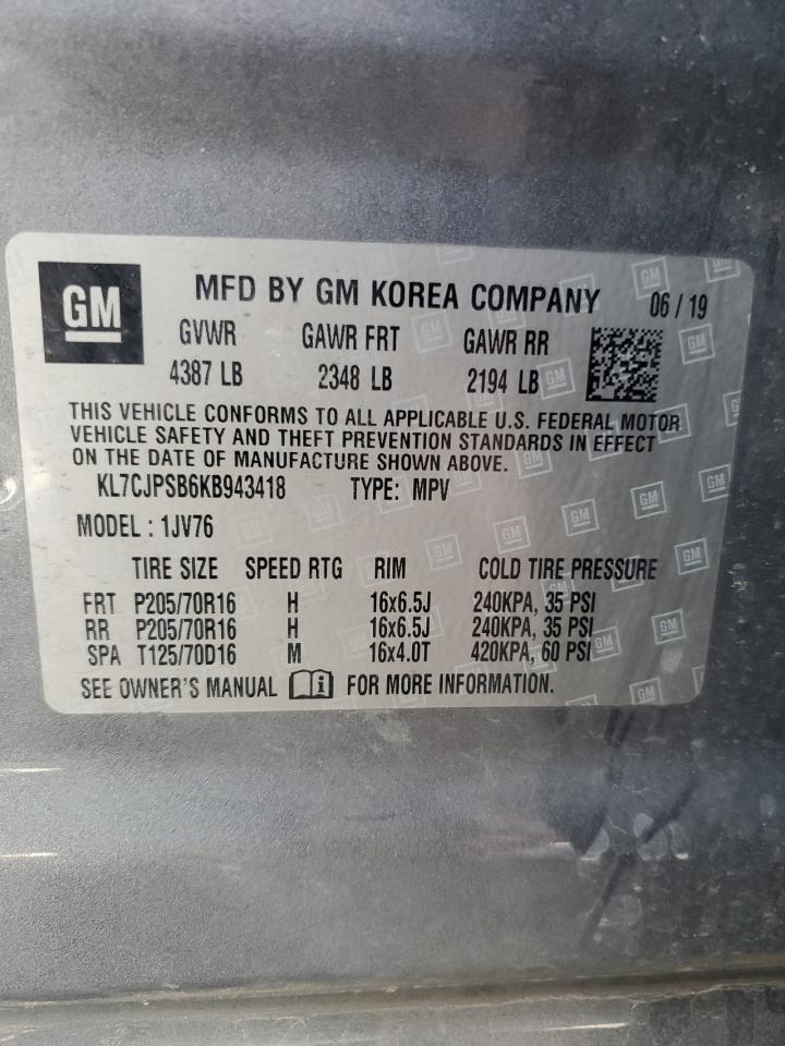 2019 Chevrolet Trax 1Lt VIN: KL7CJPSB6KB943418 Lot: 80860695