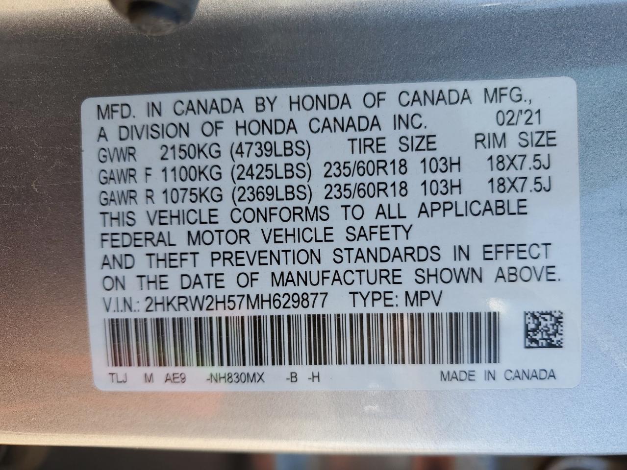 2021 Honda Cr-V Ex VIN: 2HKRW2H57MH629877 Lot: 69946815