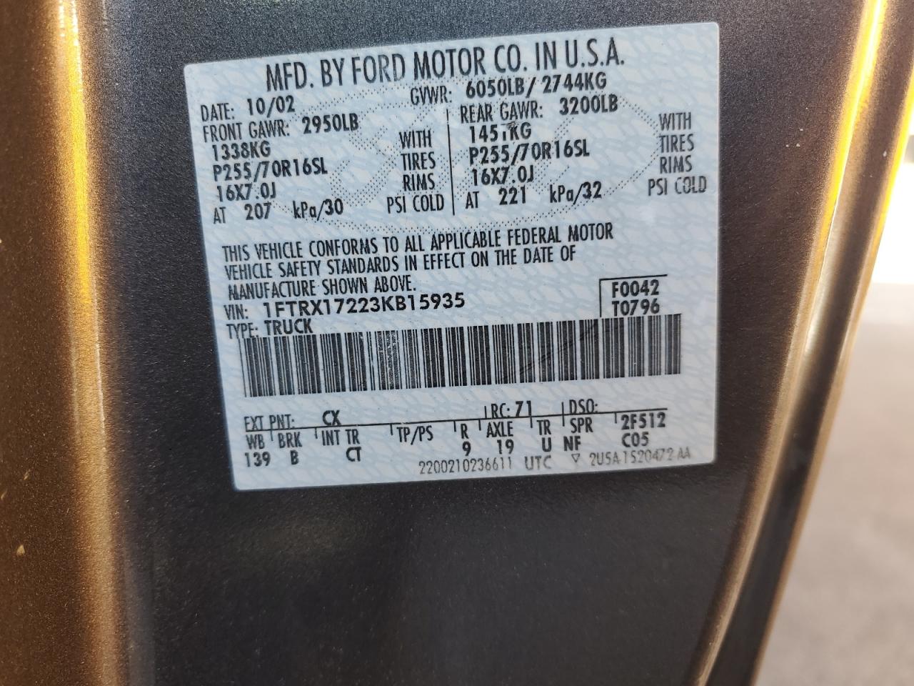 2003 Ford F150 VIN: 1FTRX17223KB15935 Lot: 70927245