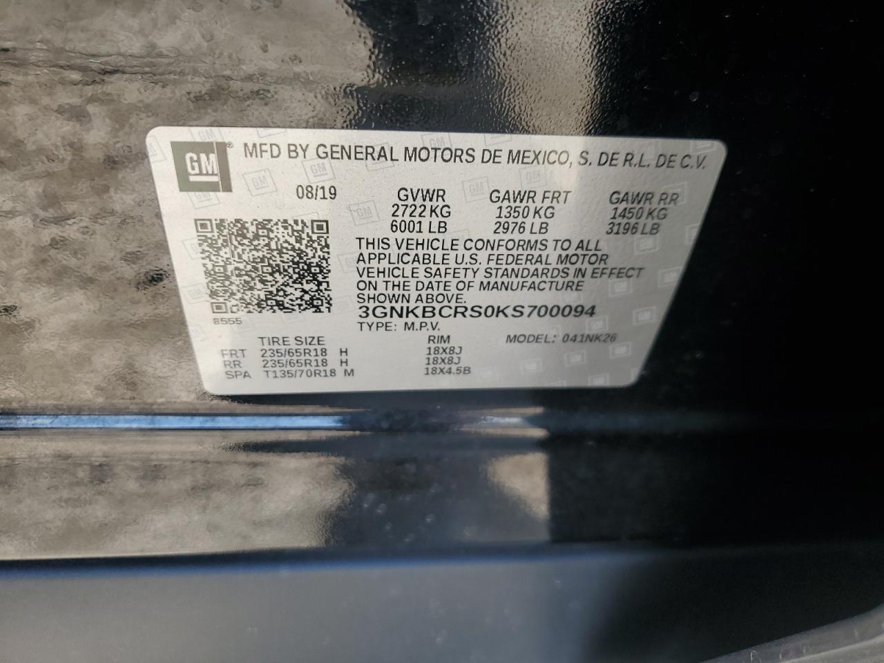 2019 Chevrolet Blazer 2Lt VIN: 3GNKBCRS0KS700094 Lot: 71075385