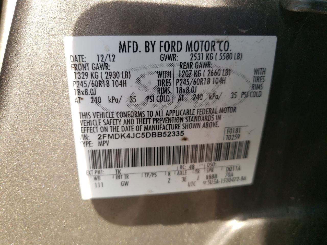 2013 Ford Edge Sel VIN: 2FMDK4JC5DBB52335 Lot: 80843965