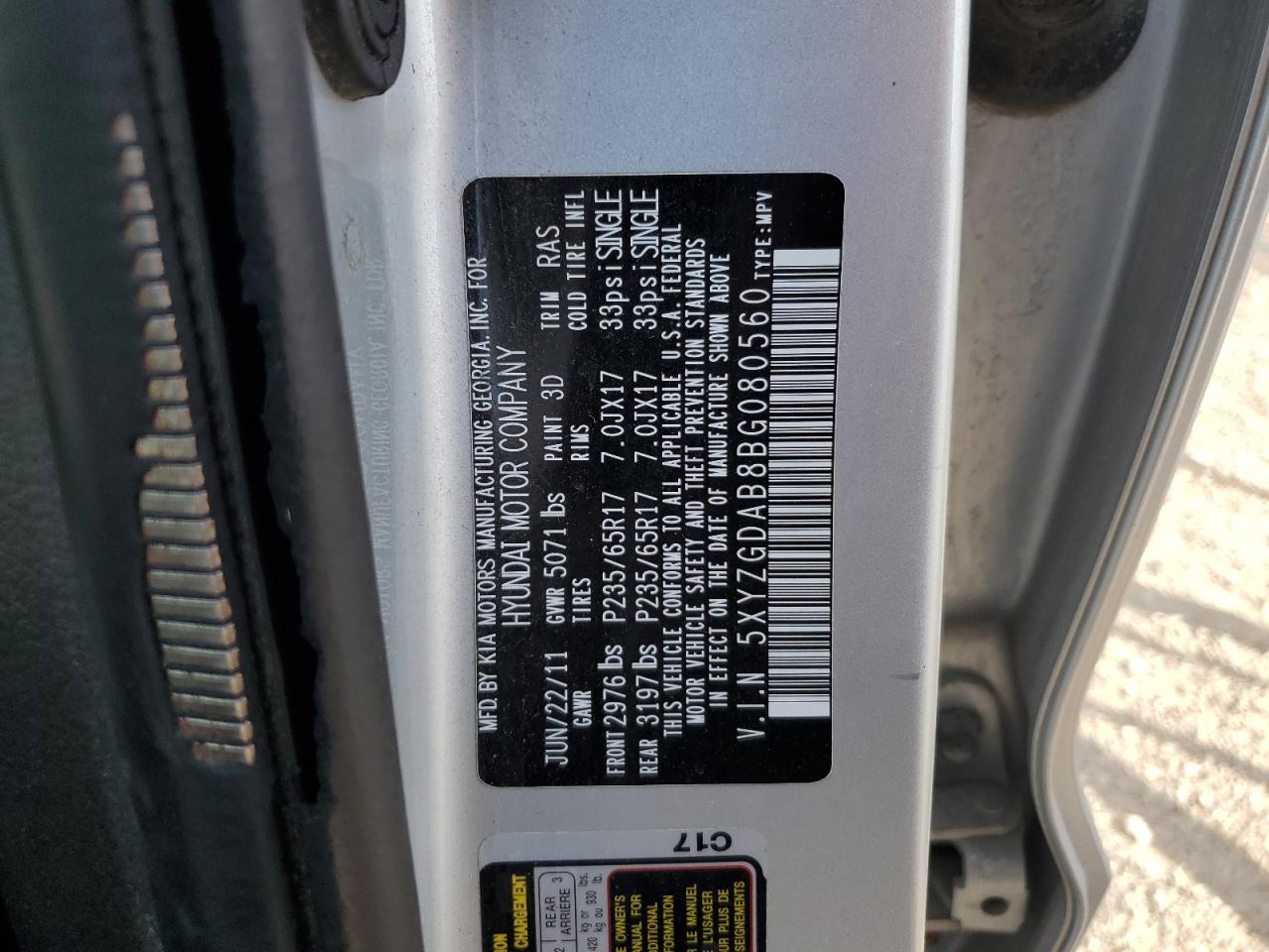 2011 Hyundai Santa Fe Gls VIN: 5XYZGDAB8BG080560 Lot: 81610455