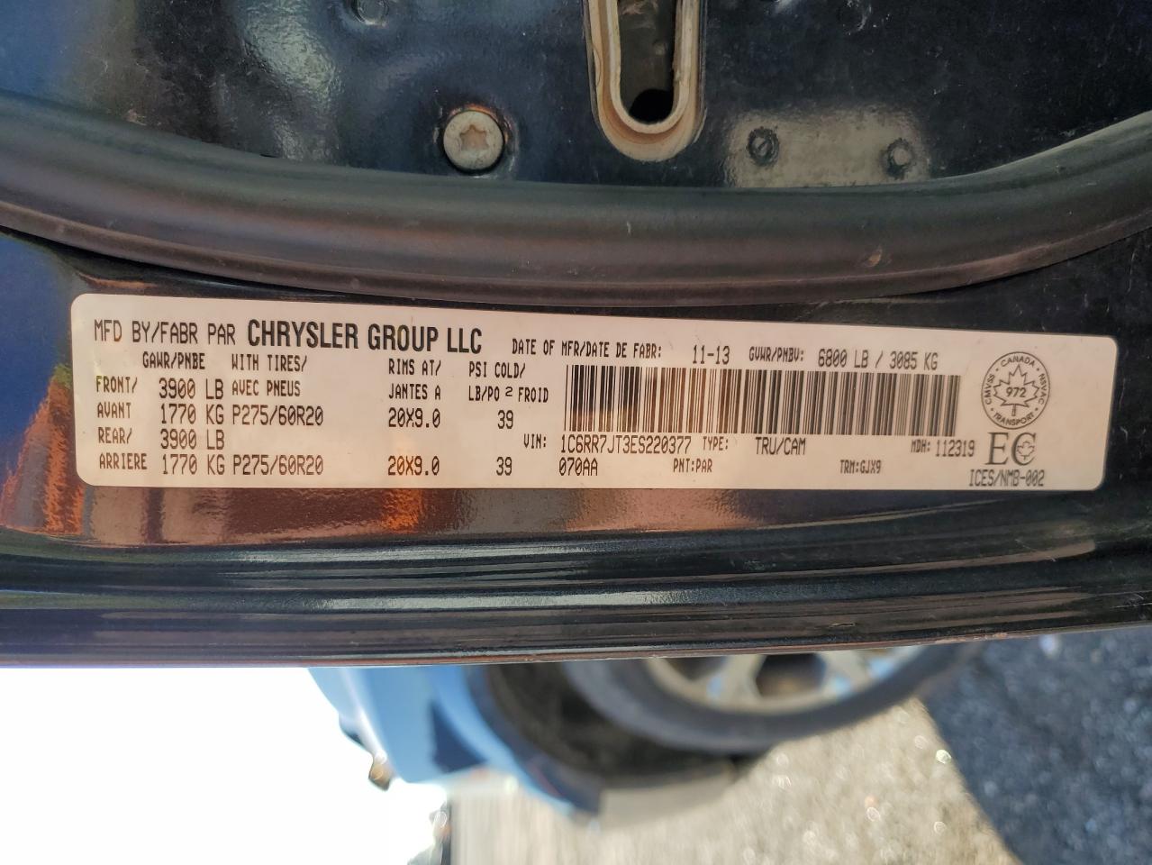 2014 Ram 1500 Laramie VIN: 1C6RR7JT3ES220377 Lot: 84451185