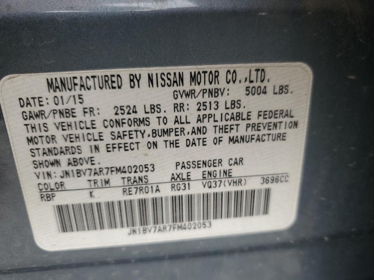 2015 Infiniti Q50 Base VIN: JN1BV7AR7FM402053 Lot: 71110505