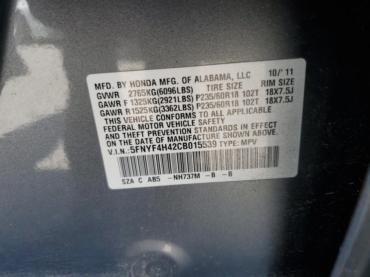 2012 Honda Pilot Ex VIN: 5FNYF4H42CB015539 Lot: 71696565