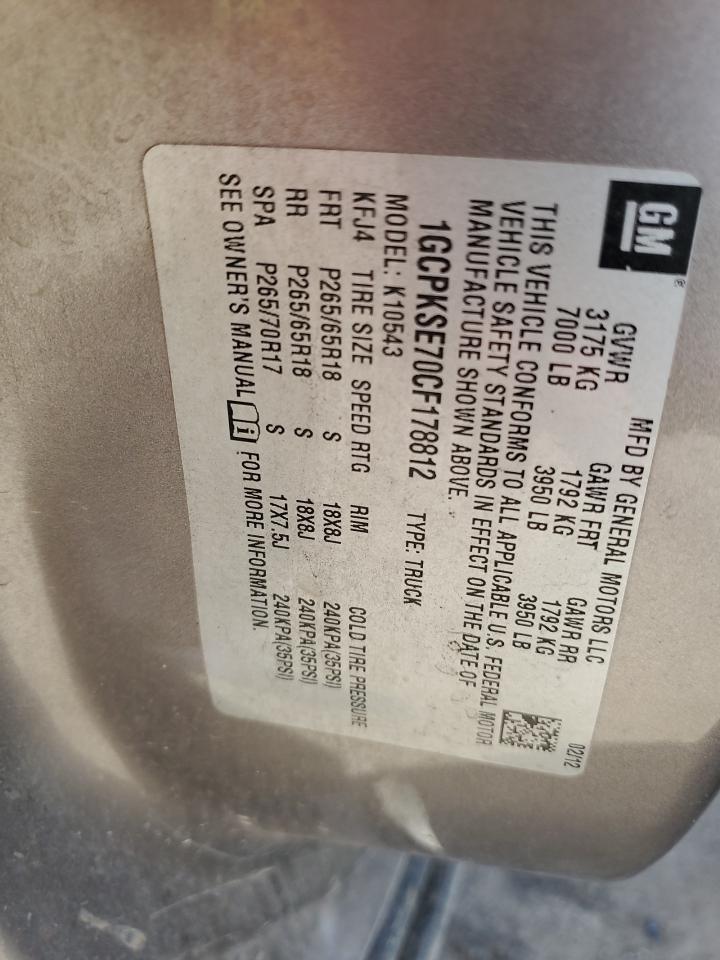 2012 Chevrolet Silverado K1500 Lt VIN: 1GCPKSE70CF178812 Lot: 80683295