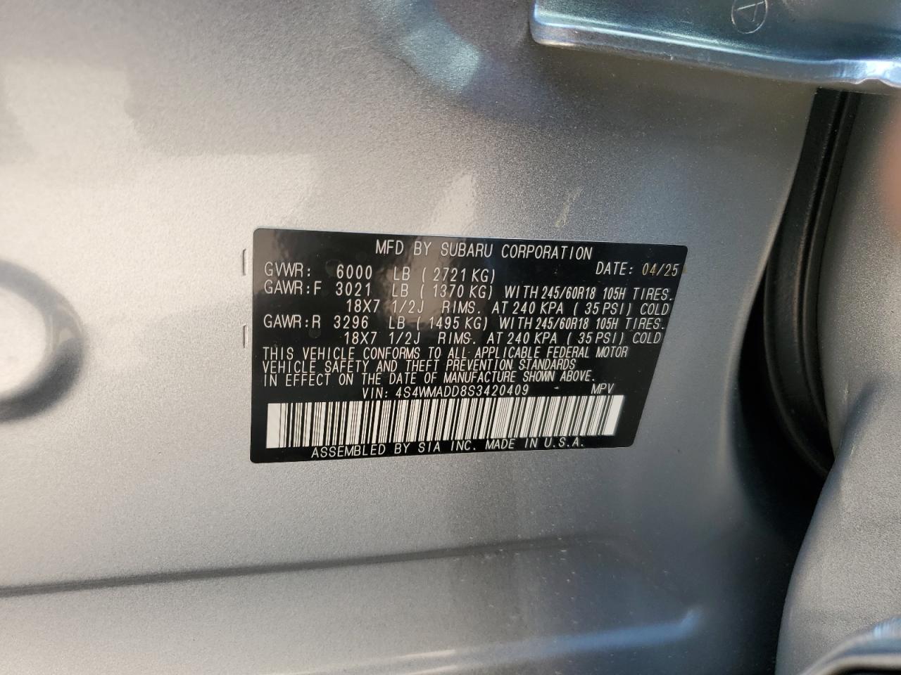 2025 Subaru Ascent Premium VIN: 4S4WMADD8S3420409 Lot: 80908425