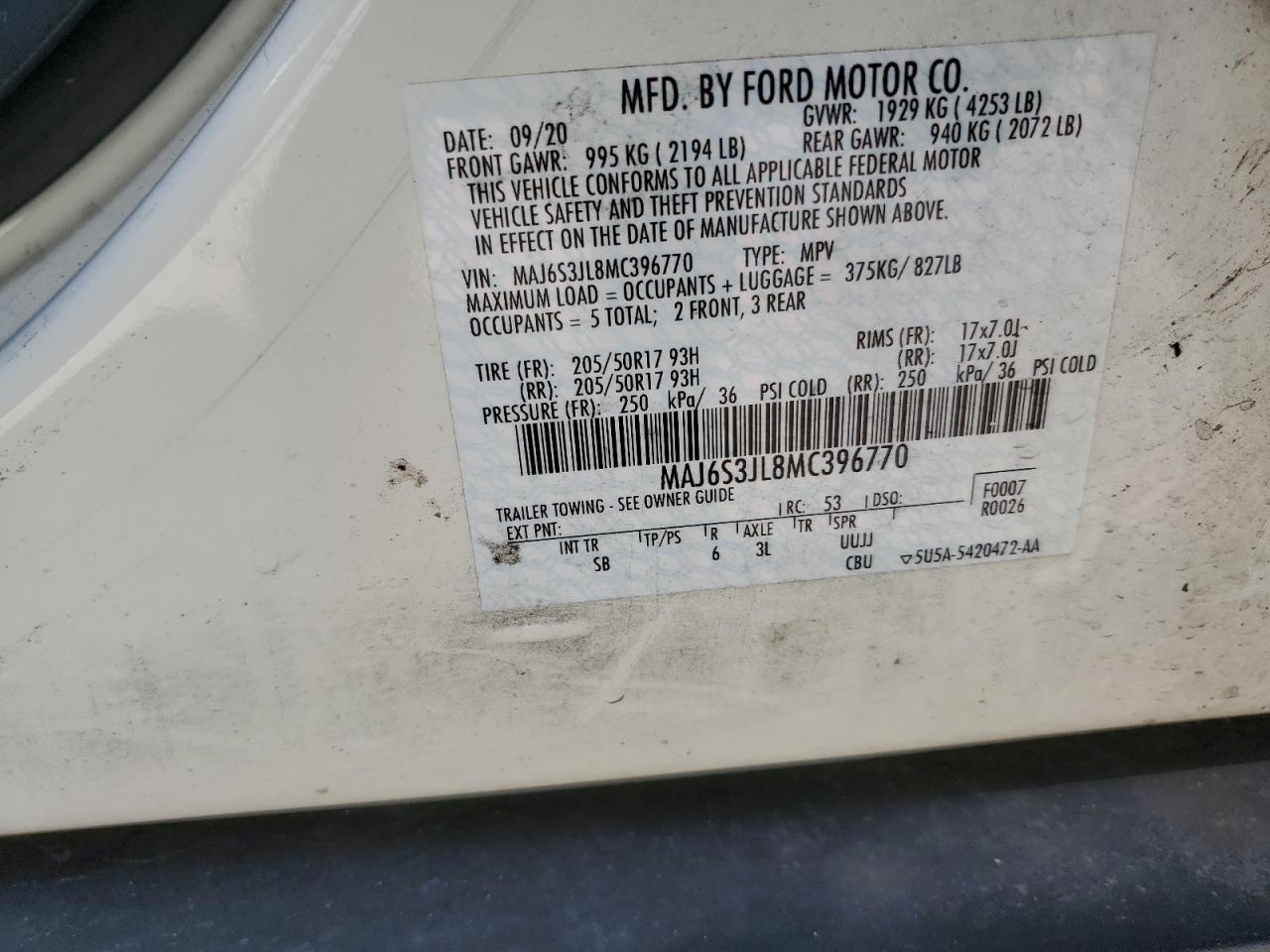 2021 Ford Ecosport Ses VIN: MAJ6S3JL8MC396770 Lot: 81014695